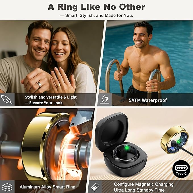 Smart Ring for Women Men, Fashion Minimalist Fitness Ring & Sleep Tracker Ring with Heart Rate, SPO₂,Blood Pressure,5ATM Waterproof Health Ring, No Subscription,Womens Gift(Gold,Size 9)