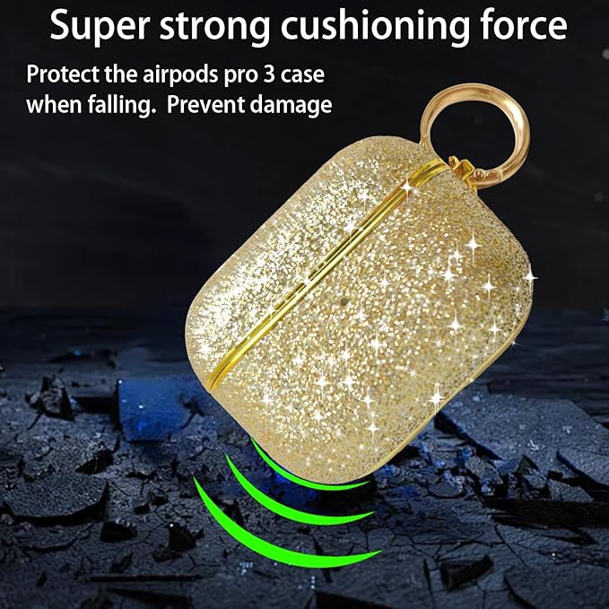 for Glitter AirPods Pro 3 Case 2025| Cute Bling Hard Air Pods Pro 3 Case (Model A2700/A2931) | with Keychain | Sparkly Rhinestone iPods Pro 3 Cases for Women Girl(Gold)