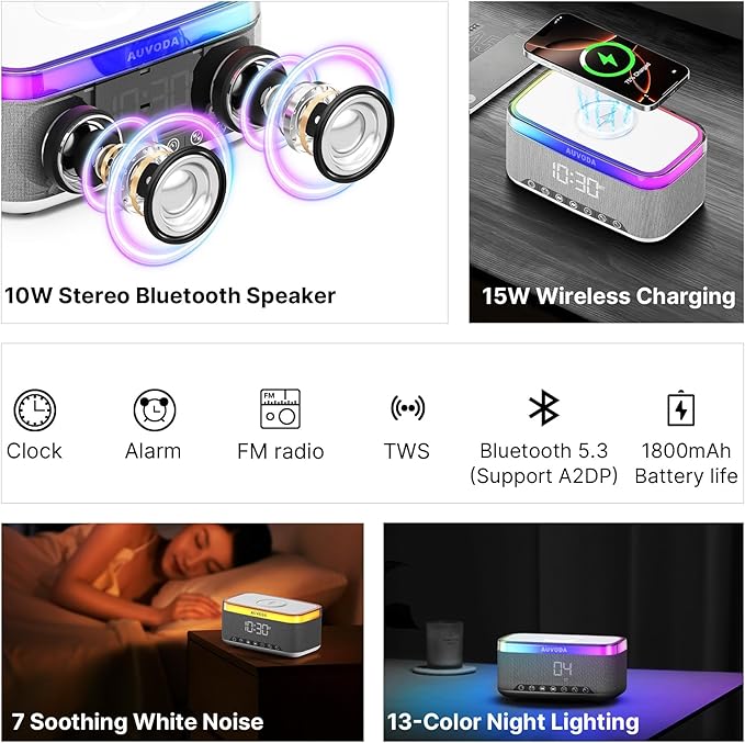 S300 10W Stereo Bluetooth Speaker with 15W Fast Wireless Charging, 13-Color Night Light, Alarm, White Noise, FM Radio, Portable, TWS, BT5.3, for PC, Smartphone, Home, Office & Bedroom (White)