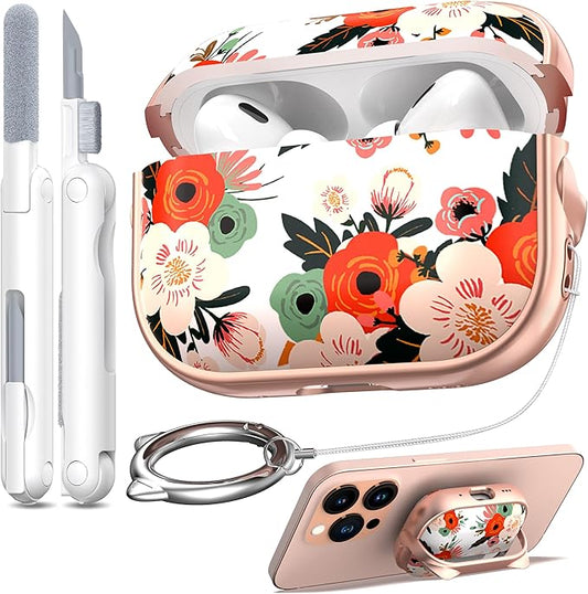 RFUNGUANGO is Compatible with AirPods Pro 3 Protective case, with Mobile Phone Holder Function, Multiple Colors Available, Suitable for AirPods Pro 3 Protective case,Rose Gold + Flowers