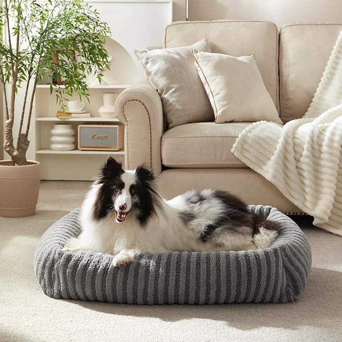 MIXJOY Dog Bed Medium Size Dog, Washable Medium Dogs Bed with Removable Cover, Soft Rectangle Doggy Ded Fluffy Plush Faux Fur Pet Bed with Anti-Slip Bottom, 30"x24"x8", Grey