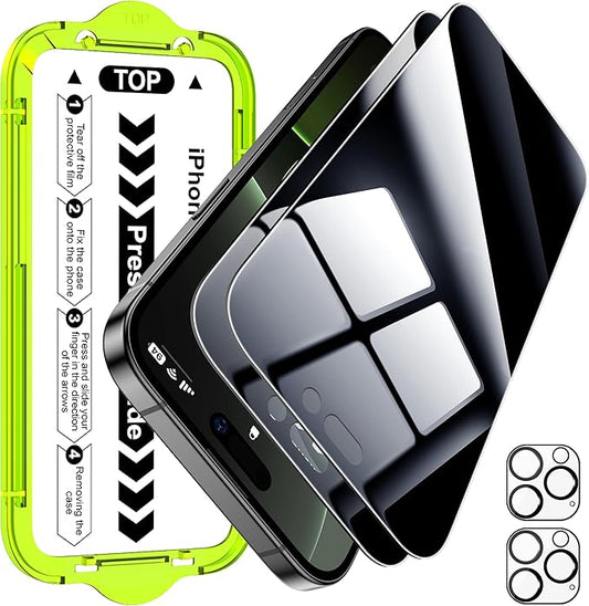 Esanik [2+2 Pack for iPhone 16 Pro Privacy Screen Protector – Anti-Spy Tempered Glass & Camera Lens Cover, Military-Grade 9H Hardness, Anti-Scratch, Flawless Fit Tray