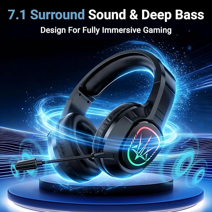 2.4GHz Wireless Gaming Headset for PC,Ps4, Ps5-Lossless Audio USB & Type-C,Wired Connection Supported,7.1 Surround Sound,40-Hour Battery, LED Light Over Bluetooth 5.3 Gaming Headphones-Black