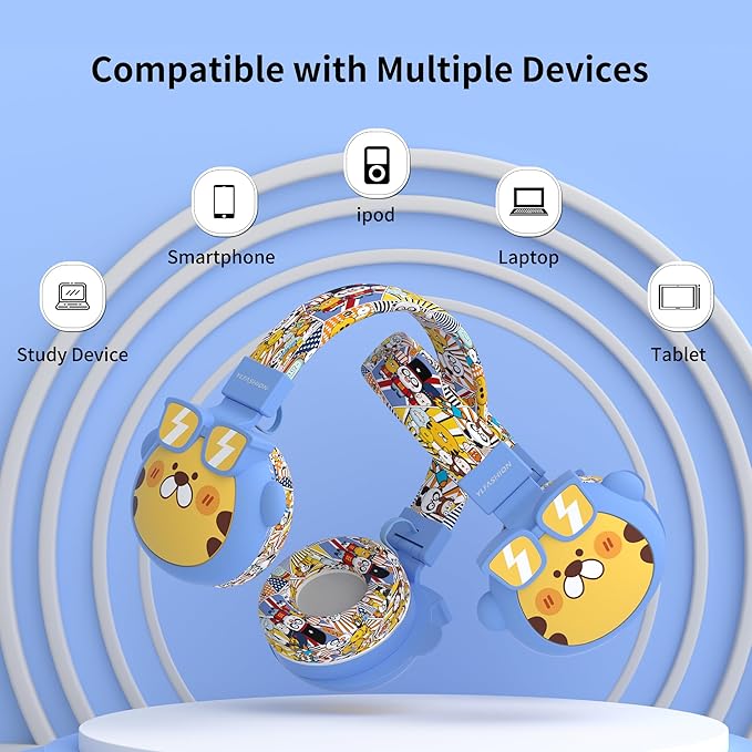 Kids Bluetooth Headphones, 85dB Volume Limit, Ultra-Soft Over-Ear, Built-in Mic, Foldable, Beerus Cartoon Animal Design, Suitable for School & Travel, FM/TF/AUX Supported