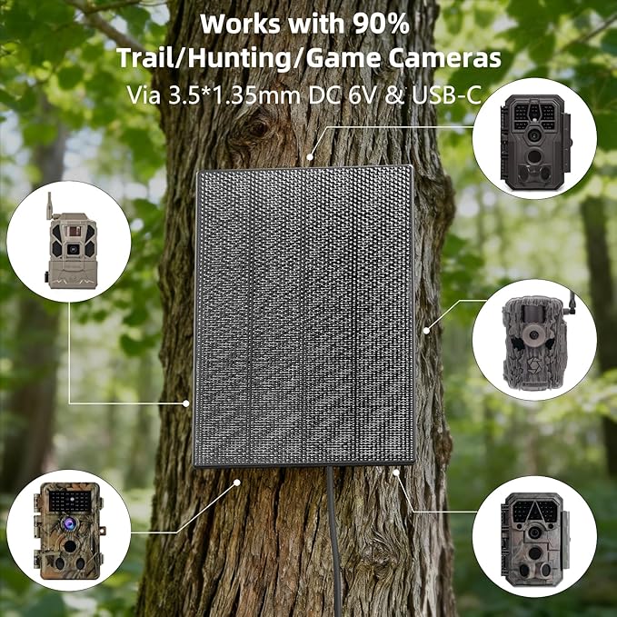 LIYVZ 3W Trail Camera Solar Panel with Built-in Battery 4000mAh 2 Packs, USB-C 5V & DC 6V Stable Output, 10 ft Cable & 360° Adjustable Bracket, IP65 Weatherproof, Compatible with Trail/Game Cameras