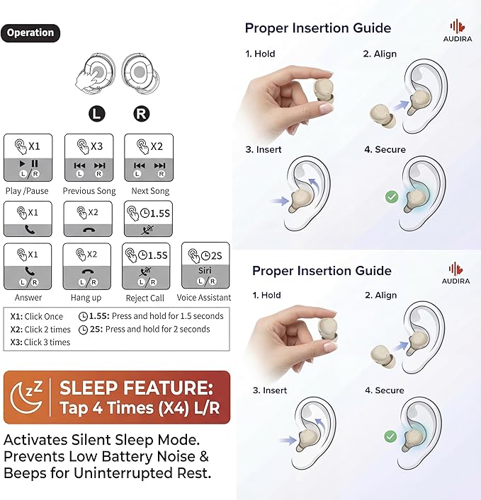 AUDIRA Mini Wireless Sleep Earbuds for Side Sleepers, Bluetooth 5.4 in-Ear Ear Buds with Noise Cancelling, IPX4 Waterproof Headphones, Touch Control, Digital Display Charging Case – Biege
