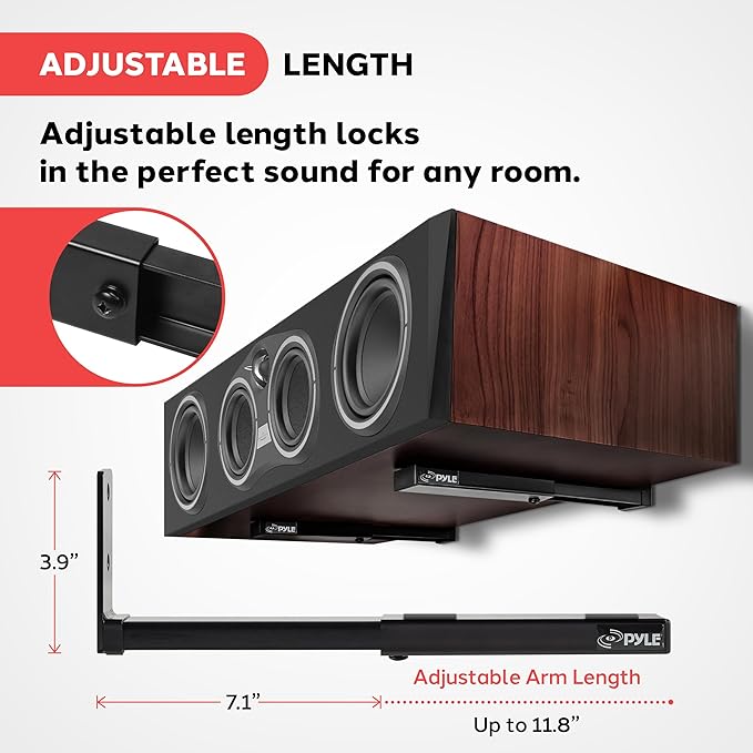 Pyle Adjustable Speaker Wall Mount Brackets - 2 Pack (4 Brackets) Extendable Steel Arms for Center Channel, Small or Large Speakers & Soundbars - 110 lbs Capacity, 6.7-11.8" Depth (Black)