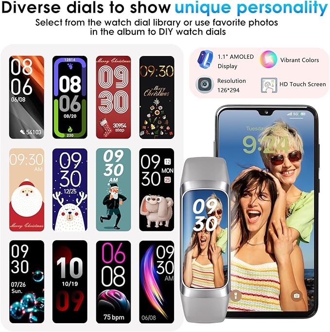 Fitness Tracker, 24/7 Heart Rate Blood Oxygen Blood Pressure Body Temp Monitor Sleep Calorie Tracker with 1.1" AMOLED Touch Color Screen Pedometer Smart Watch Waterproof for Women Men (Silver Gray)