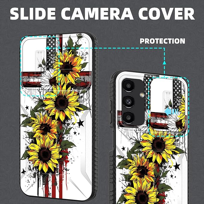 for Galaxy A16 5G Case Built in Slide Camera Lens Cover,Heavy Duty Shockproof Protection Dual Layer Case for Samsung Galaxy A16 5G 6.7" 2024,Cross American Flag Sunflower