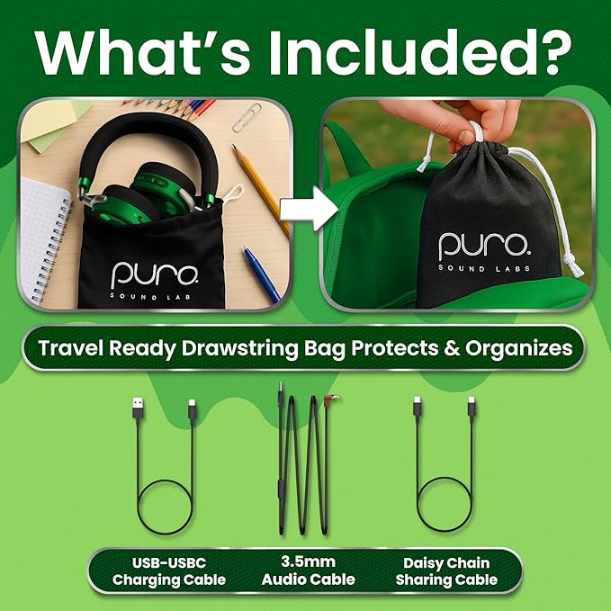 Puro Sound Labs JuniorJam Plus Volume-Limiting Wireless Bluetooth Headphones for Kids, Secure Audio with Adjustable On-Ear Design, 22-Hour Battery Life, Ideal for Tablets, Smartphones & PCs - Green