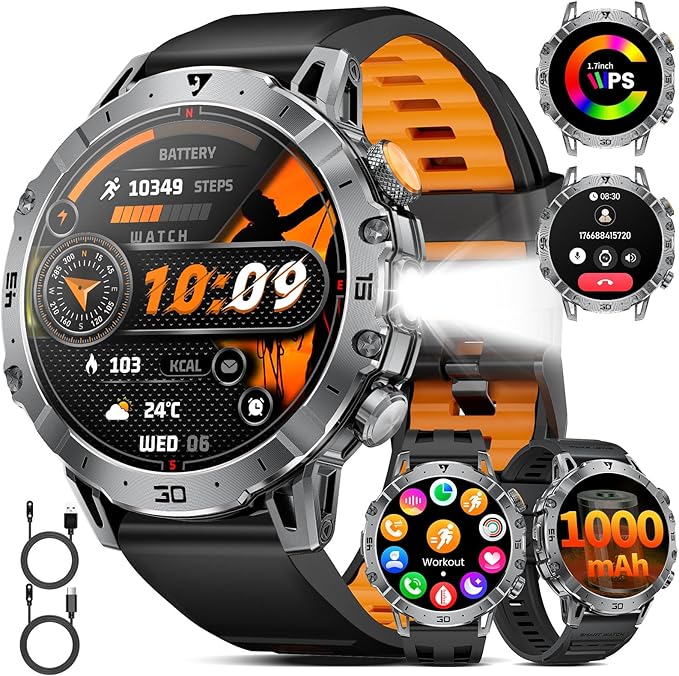 LIGE Smart Watches for Men 1000mAh Battery/LED Flashlight/3 Straps, 1.7" Ultra HD Screen Outdoor Smartwatch with 111 Sports Modes, Bluetooth Call 5ATM Waterproof Fitness Tracker Android iOS,Silicone