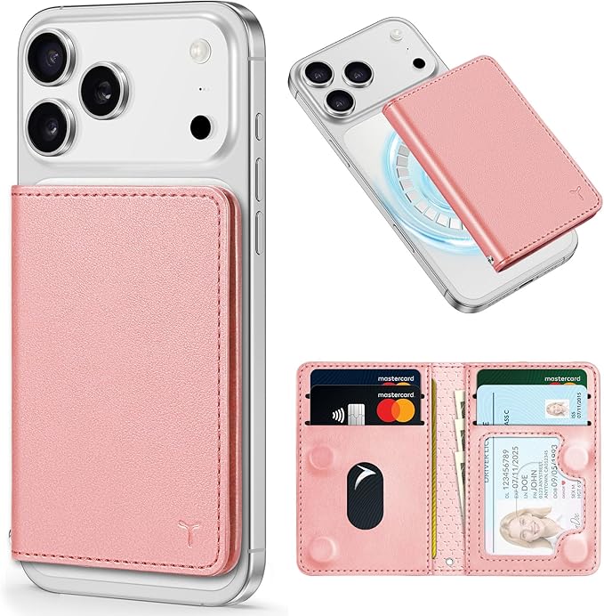 TUCCH for Magsafe Wallet, 6 Card Holders with [ID Window] [RFID Blocking] for iPhone 17/16/15/14/13/12/Pro/Pro Max/Air/Plus Series, PU Leather Magnetic Card Wallet for Men Women, Rose Gold