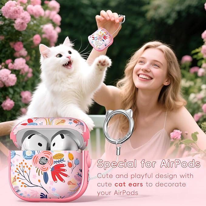 for AirPods 4 Case with Cleaning Kit, Cute Cat Ear Print Design & Cute Buckle, Inverted Phone Holder Design, Top Safe Lock Buckle Design, for Girls AirPods 4 case 2024, Pink Flower