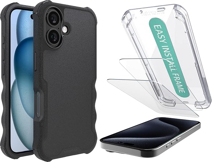 Smartish iPhone 16 MagSafe Case + 2-Pack Tempered Glass Screen Protector Bundle - Gripzilla + Tuff Sheet - Protective Magnetic Case with Crystal Clear Screen Protection - Black