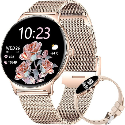 Smart Watches for Women, 1.43" AMOLED Screen Bluetooth Call Smartwatch, 120+ Sports Modes Fitness Tracker, Blood Oxygen Heart Rate Sleep Monitor for Android iOS Gold