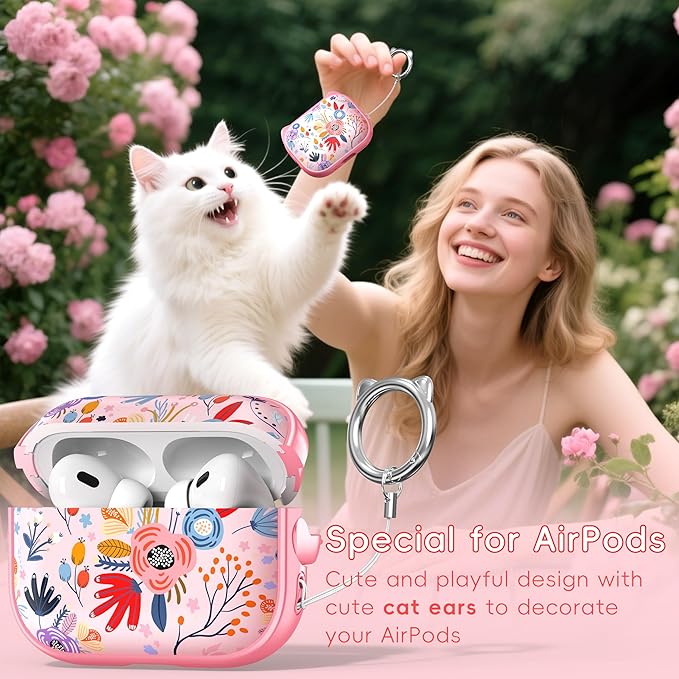 for AirPods Pro 2 Case with Cleaning Kit, Cute Cat Ear Print Design & Cute Buckle for Girls, Phone Holder & Top Safe Lock Buckle Design for AirPods Pro 2nd/1st Gen case, Pink Flower
