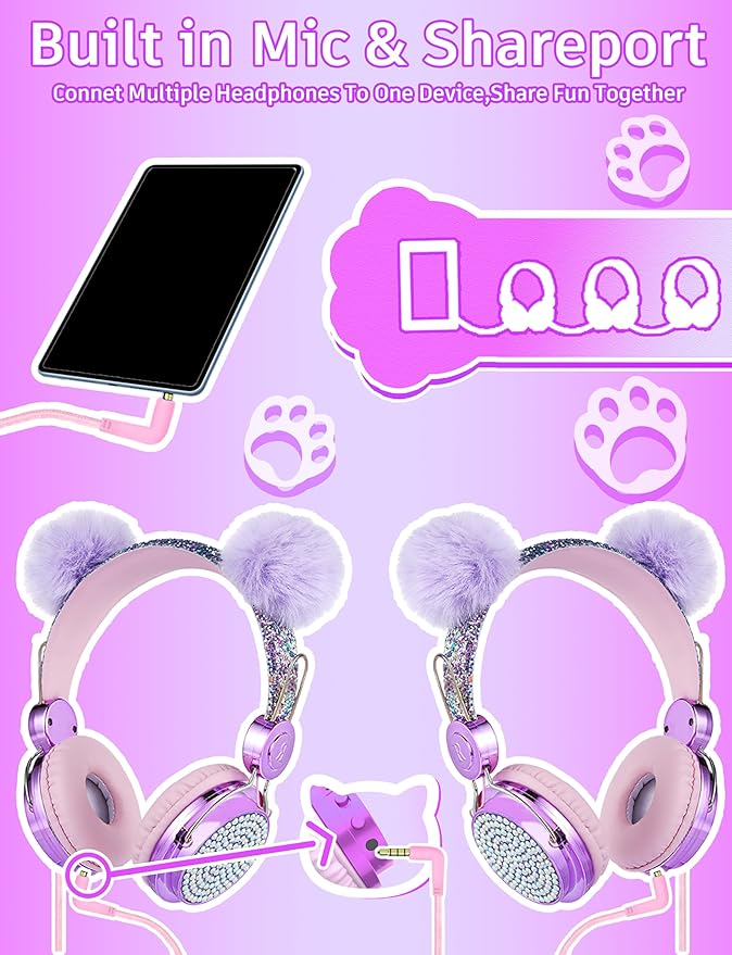 Kids Pom Headphones with Mic for Travel/Car/Plane,Added 85DB Limit Function&Shareport,Unicorns Gifts for Girls,On/Over Ear HD Stereo Wired Headsets with Nylon Cable-Hot-Purple