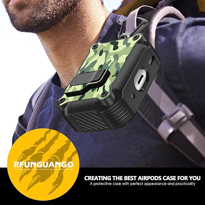 RFUNGUANGO for AirPods Pro 2nd/1st Generation Case Cover with Secure Lock Clip,Automatic Pop-up Case Full-Body Shockproof Hard Protective Cover for AirPodsPro2Case(2023/2022/2019)rainforest camouflage