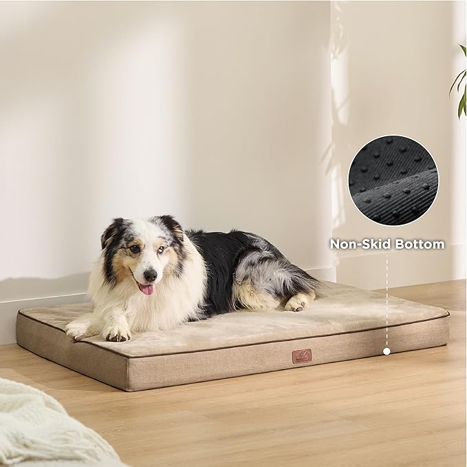 Bedsure Memory Foam Dog Crate Bed for Extra Large Dogs - XL Orthopedic Pet Beds with Removable Washable Cover and Nonskid Bottom - Plush Flannel Fleece Top Pet Mat, Khaki