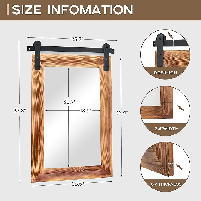 COGOOD Farmhouse Barn Door Wall Mirror - 25" X 38" Rustic Wood Framed Mirror for Bathroom, Living Room, Entryway Wall Decorative (Brown)
