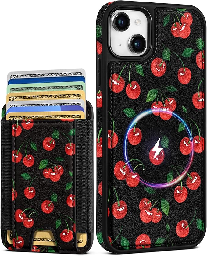 Shorogyt for iPhone 15 Wallet Case - Fits 5 Cards, Compatible with Magsafe Detachable Magnetic Credit Card Holder Leather Cardholder Cute Phone Cover Women Girls for Apple 15, Cherry