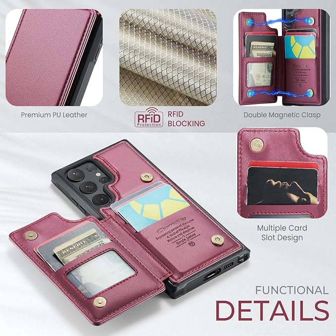 Bemal for Samsung Galaxy S25 Ultra Wallet Case with Card Holder, RFID Blocking, Shockproof Leather Kickstand for Men and Women, Durable Protective Phone Cover for 6.9", Wine Red