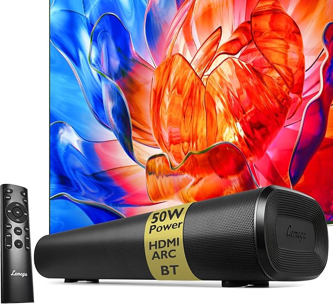 LEMEGA Edge X1 2.0 Soundbar for TV with HDMI ARC, 50W RMS Powerful Speaker, Bluetooth Streaming, Optical, AUX & USB, Compact Wall-Mountable Sound Bar for Gaming and More