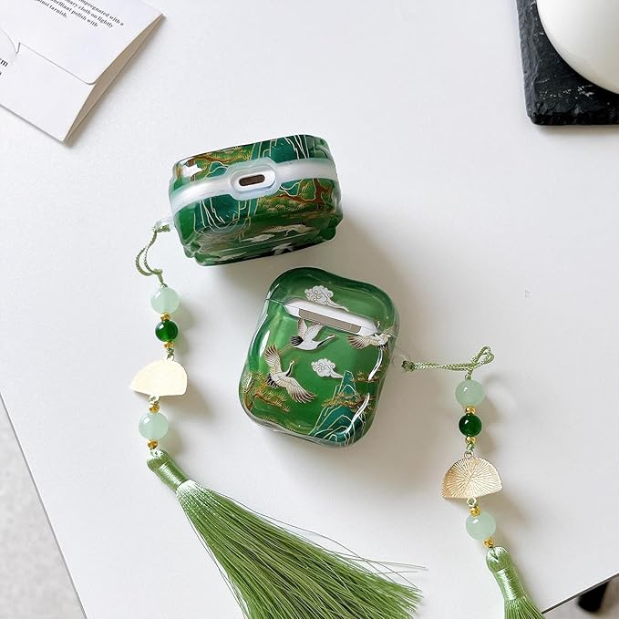Compatible with AirPods Pro 3 Case Soft with Cleaner Kit Keychain Cute Lucky Elegant Crane Cover for Girls Women Airpods Pro 3rd Generation(2025) -Green
