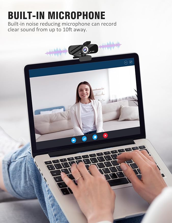 USB HD Webcam with Built-in Microphone and Rotatable Tripod, 1080P Video, Wide Angle Camera, Privacy Cover, for Desktop PC or Laptop Computer（Black）
