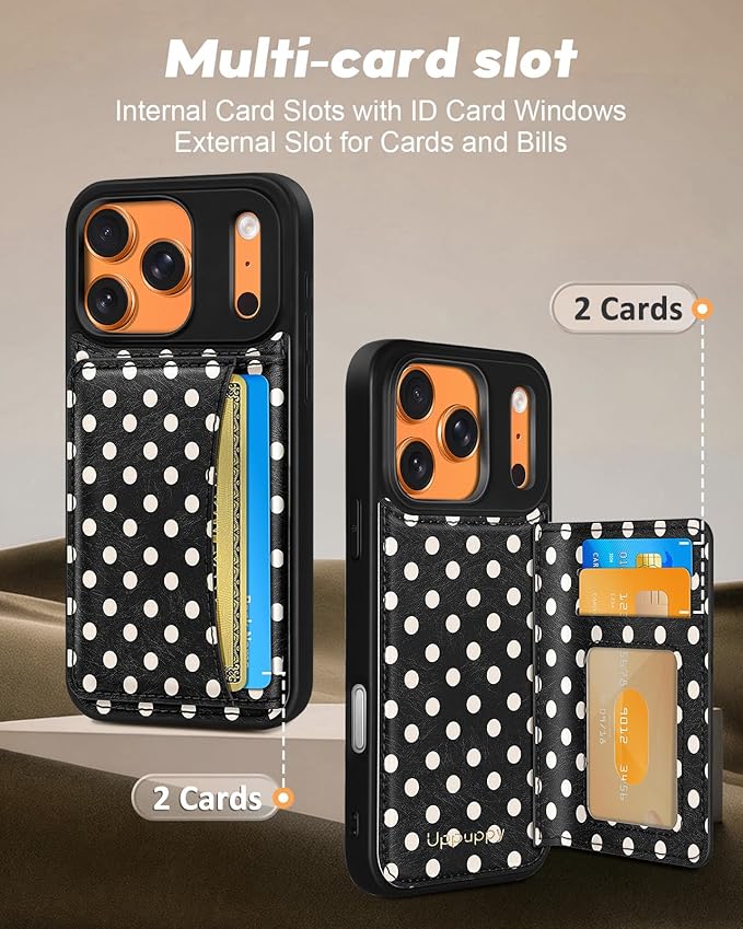 for iPhone 17 Pro Case with Wallet - Fits 4 Card Slots, Compatible with MagSafe for Women Aesthetic Durable PU Leather Credit Card Holder Kickstand Phone Cover for Apple 17 Pro, Polka Dots