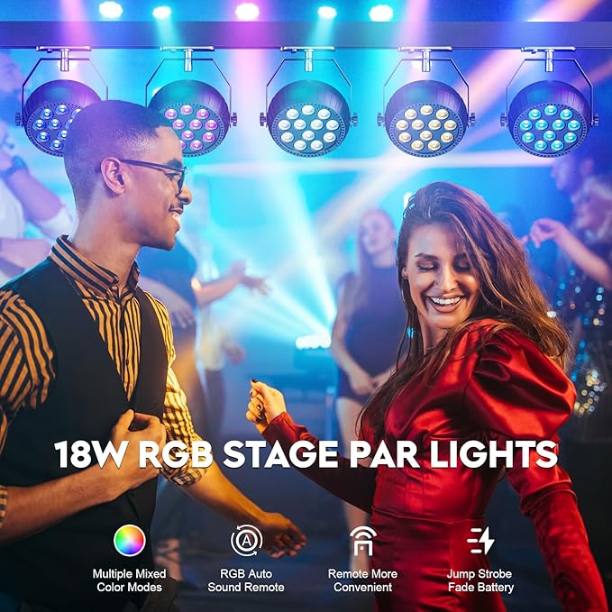 Rechargeable Stage Lights, 2200mAh Battery Powered LED Par Lights with Remote & Sound Activated, 12 RGB Portable Uplights for Events Wedding Party Club Concert Indoor 2Packs