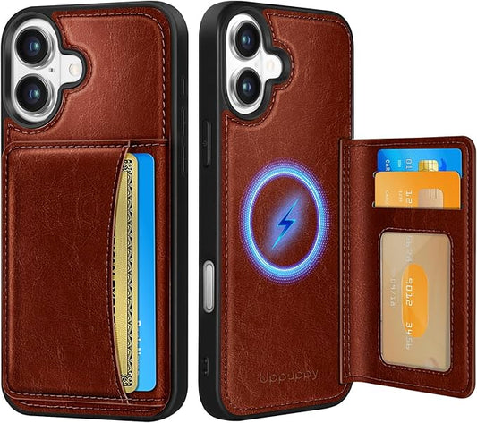 for iPhone 16 Wallet Case - Fits 4 Card Slots, Compatible with MagSafe for Women Aesthetic Durable PU Leather Credit Card Holder Kickstand Phone Cover for Apple 16, Brown