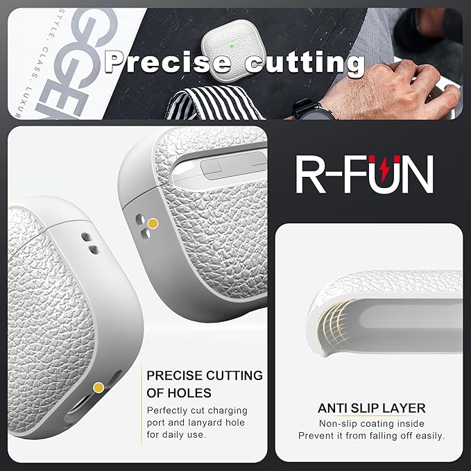 R-fun for Airpods 4 Case, Soft TPU (Leather-Like Design) Drop Protection Cover for Men and Women with Lanyard and Cleaner Kit, Compatible with Apple Latest Airpods 4th Gen(USB-C)(2024)-White