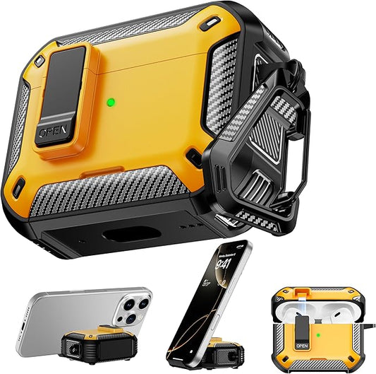 RFUNGUANGO Compatible with Airpods Pro Case 2nd / 1st Generation Protective Case, Compatible with MagSafe, with Cleaning Kit & Keychain,Phone Stand,Magnetic Automatic Lock, Visible LED, Yellow