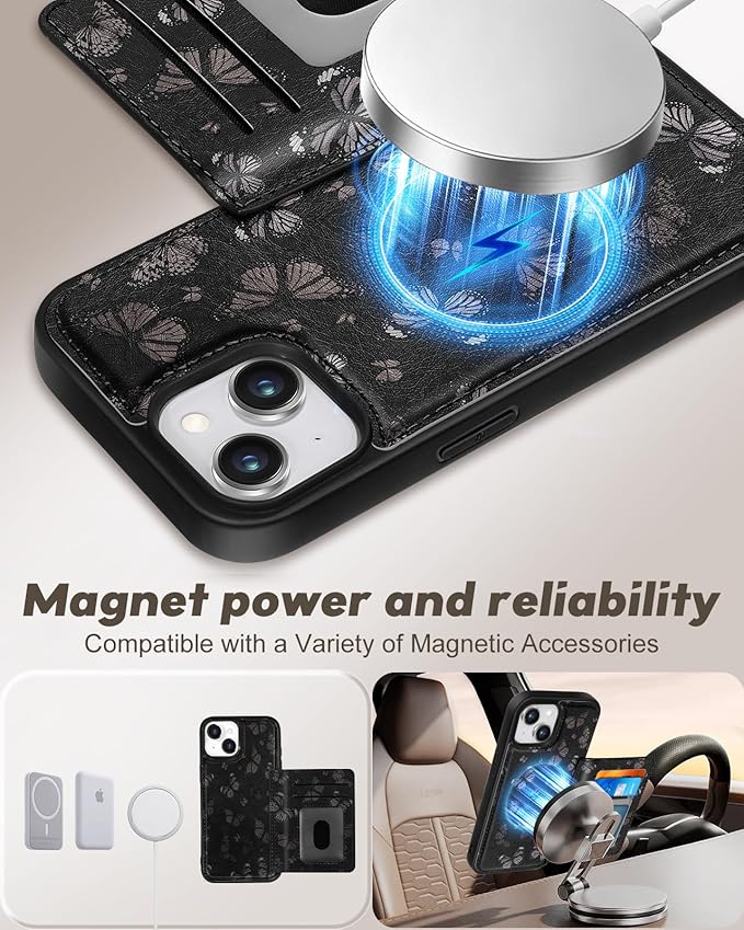 for iPhone 15 Plus Case with Wallet - Fits 4 Card Slots, Compatible with MagSafe for Women Aesthetic PU Leather Credit Card Holder Kickstand Phone Cover for Apple 15 Plus, Black Butterfly