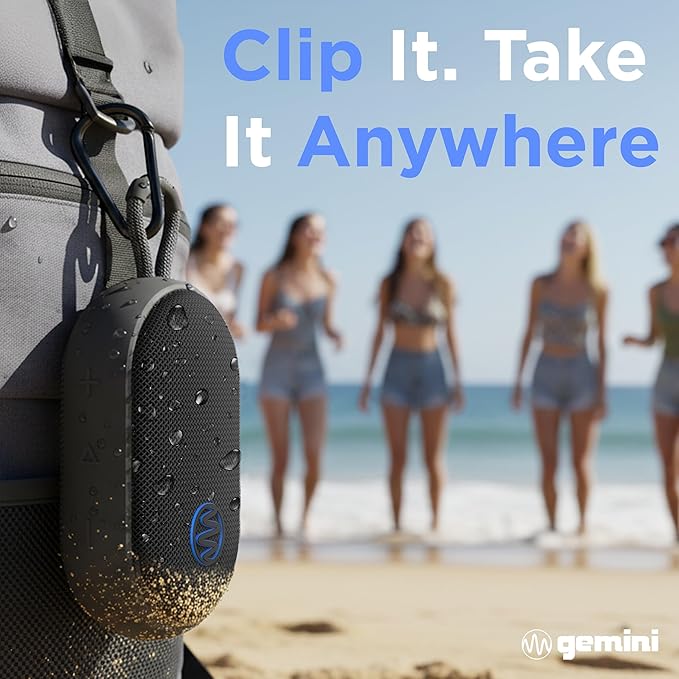 Gemini Waterproof Bluetooth Speaker with Carabiner Clip – IPX7 Compact Portable Speaker, 12Hr Battery, TWS Stereo Pairing, USB-C, Outdoor Shower Pool Beach Hiking (BEATORB)