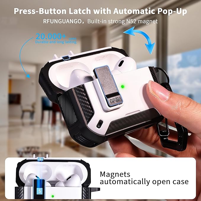 RFUNGUANGO Compatible with Airpods Pro Case 2nd / 1st Generation Protective Case, Compatible with MagSafe, with Cleaning Kit & Keychain,Phone Stand,Magnetic Automatic Lock, Visible LED, White