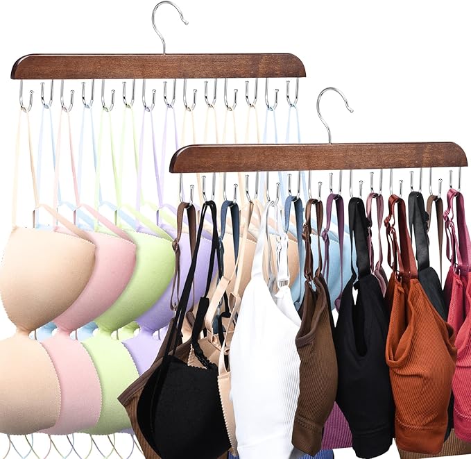 2 Pack Bra and Tank Top Closet Organizer Hanger, Foldable Wooden Space-Saving Hanger with 14 Hooks, Bra Hangers for Closet Organizer，Premium Closet Organizers and Storage for Dorm & Apartment (Brown)