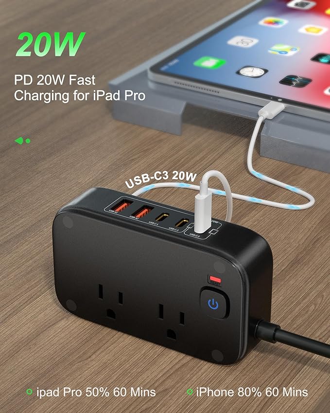 5FT Travel Power Strip with USB Ports, 7-IN-1 Flat Extension Cord USB C Power Strip with 2500W AC Outlets, 3 USB-C Ports, 2 USB-A Ports Outlet Extender for Home/Office/Travel Essentials