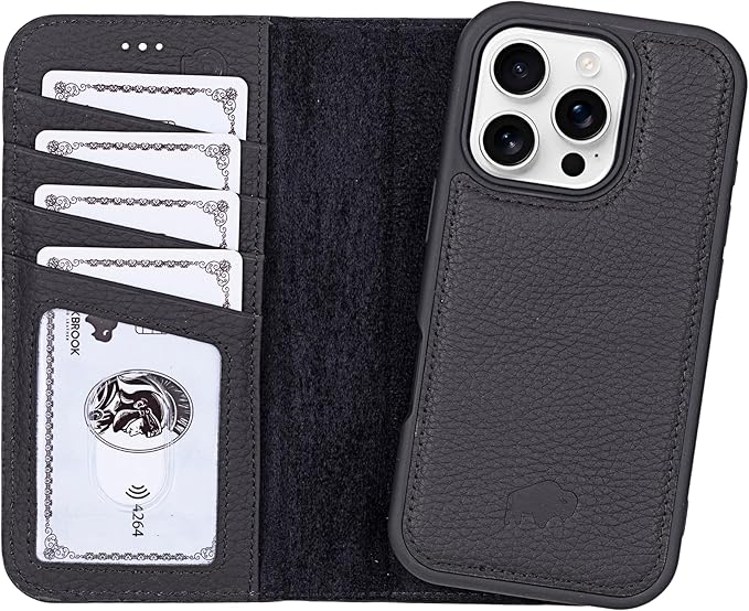 BLACKBROOK Case for iPhone 16 Pro Max Wallet Case for Men and Women, Carter Full Grain Leather 2-in-1 Set for MagSafe Charging, Cash, ID and 4 Card Slots with RFID, Compatible with iPhone 16 Pro Max