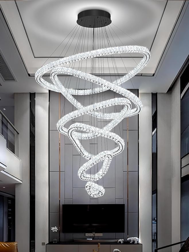 Flashing God Modern 6 Ring Crystal Chandeliers for High Ceiling Large Foyer Chandeliers LED Dimmable Crystal Ceiling Light Fixtures for Entryway Living Room Staircase Black