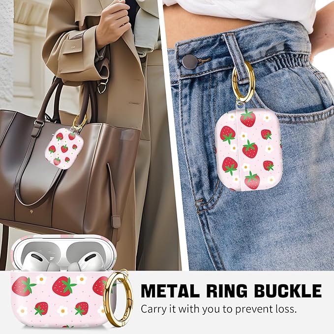 Compatible with AirPod Pro 2nd//1st Generation Case Cover with Key Chain,Full Protective Shockproof Wireless Headphone Case for Airpod Pro 2023/2022/2019（Beautiful Strawberries）