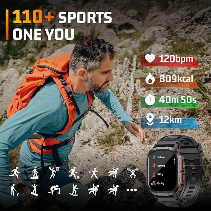 Smart Watches for Men-2.06”AMOLED(Answer/Make Calls), IP68 Fitness Activity Step Tracker with Sleep Monitor/110+ Sports Modes, Tactical SmartWatch for Android iOS Samsung Compatible,Orange