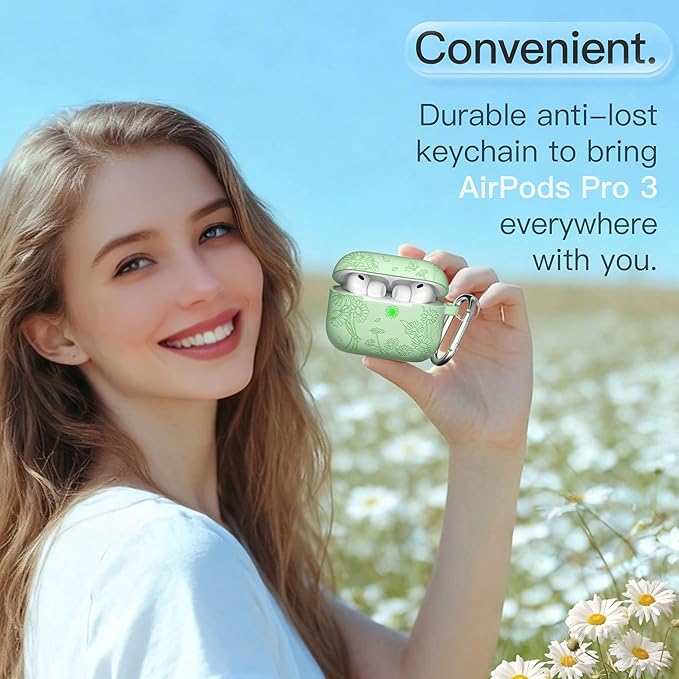 for AirPods Pro 3 Case (2025) DamonLight Daisy Floral Engraved Shockproof Protective Soft Silicone Case Cover with Cleaning Pen and Keychain for Apple Airpods Pro 3rd Generation(Avocado Green)