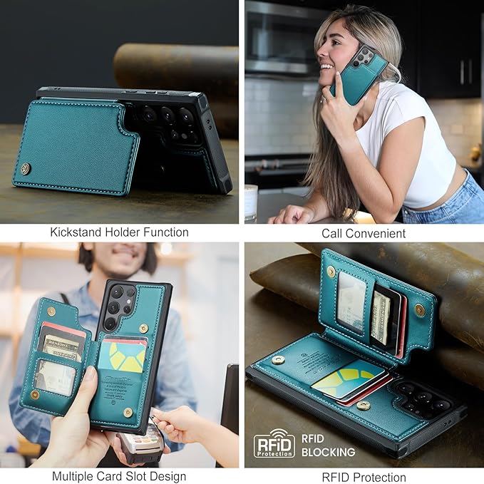 Bemal for Samsung Galaxy S25 Ultra Wallet Case with Card Holder, RFID Blocking, Shockproof Leather Kickstand for Men and Women, Durable Protective Phone Cover for 6.9", Bluish Green