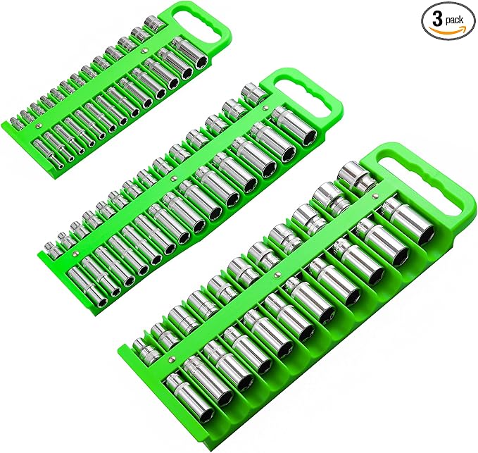 Magnetic Socket Organizer Set, 3 Pcs Green Portable Heavy Duty Socket Rail Set: 1/4-Inch x 22 Pallets, 3/8-Inch x 28 Pallets, 1/2-Inch x 26 Pallets, Hold 76 Sockets - Fit Shallow&Deep Sockets