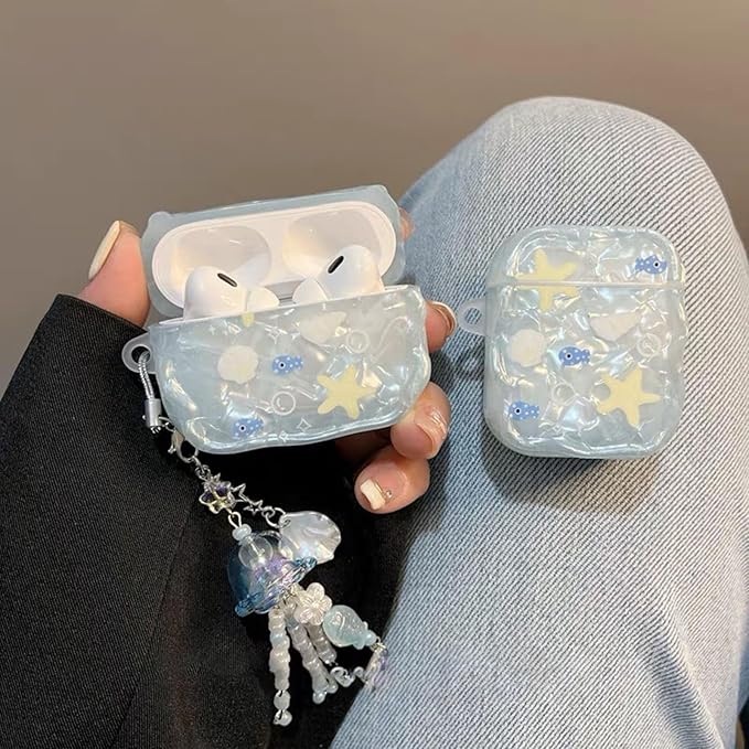Compatible with AirPods 4 Case Protective Cute Shell Starfish Cover with Cleaner Kit Jellyfish Keychain for Girls Women for Airpods 4th Generation-Blue