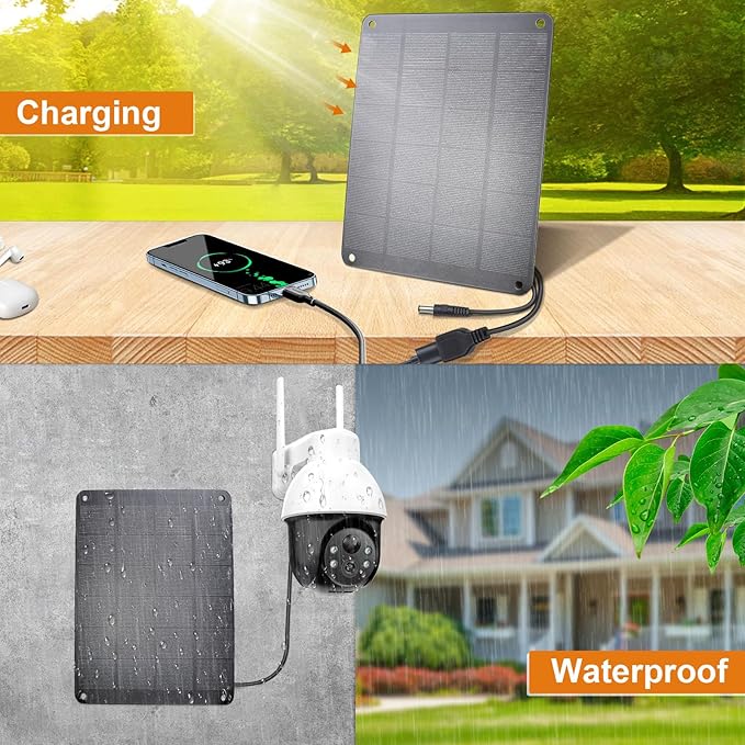 Solar Panel with Metal Hook, 5V 6W High Performance Monocrystalline Module with USB-A Female & DC Male Output, Waterproof Panel for Security Camera,Mobile Phone,Small Fan,Charging Bank,Outdoor
