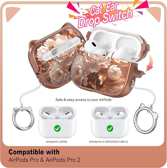 RFUNGUANGO AirPods Pro Case for Women Girly Cat Case with Lock, Phone Stand, Keychain & Cleaner Kit, Compatible with Apple Airpods Pro 2nd/1st Generation Case Cover, Rose Gold Peony