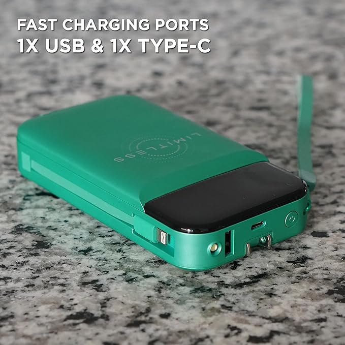Limitless Innovations Ultimate Pro 15,000mAh Portable Power Bank PD 20W with Built-in Cables, Wireless Charging, Flashlight, Wall Plug, & Digital Display, for iPhone, Samsung, & More (Green Metallic)